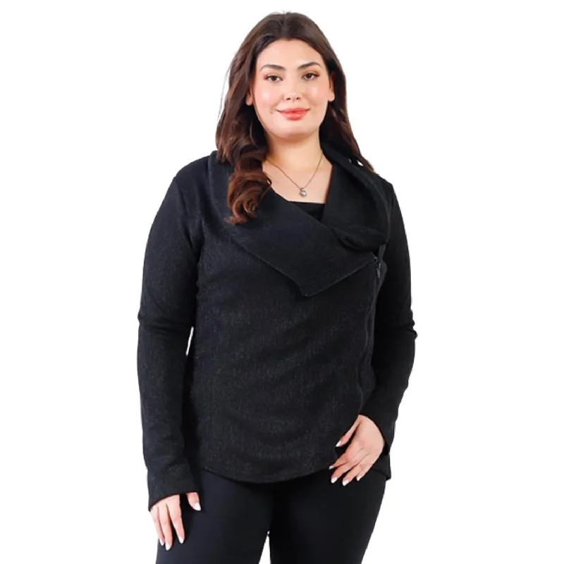 Major Savings Plus Black Lurex Draped Collar Side Zip Up Lightweight Jacket