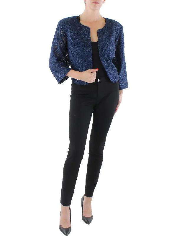 Midnight Madness Plus Womens Lace Glitter Collarless Blazer