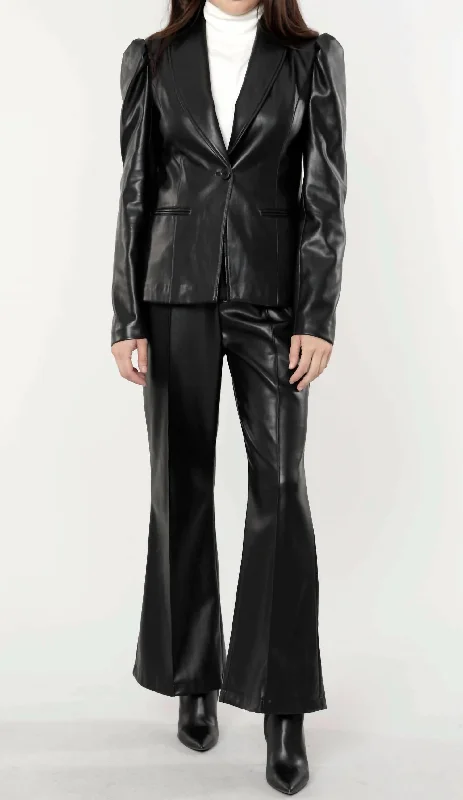 Lowest Prices Puff Shoulder Vegan Leather Blazer In Black