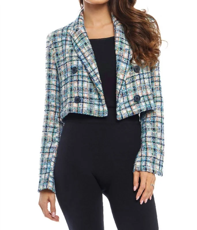 Deal Dash Tweed Crop Double Breasted Jacket In Blue Multi