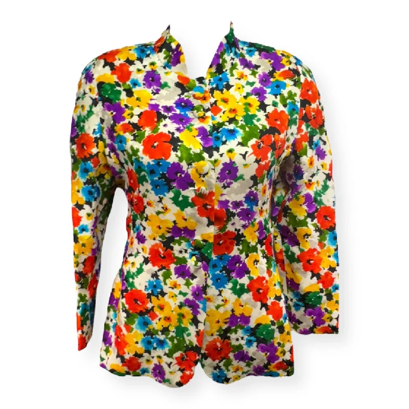Clearance Event Vintage 100% Silk Floral Print Blazer Designer Carolina Herrera, Size 10