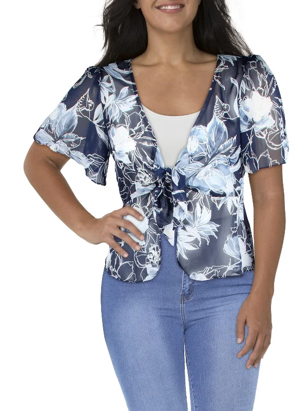 Act Fast Womens Chiffon Printed Collarless Blazer