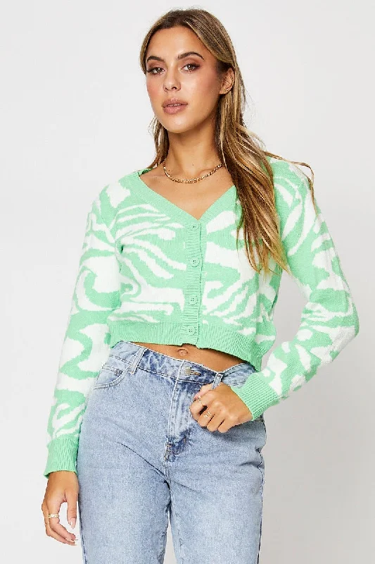 Deal Frenzy Abstract Print Knit Cardigan Long Sleeve Crop V-Neck