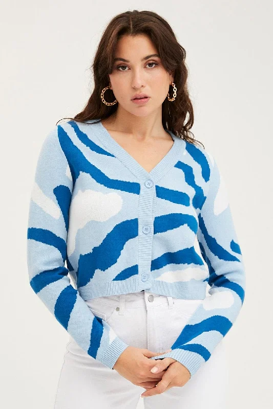 Clearance Sale Abstract Print Knit Cardigan Long Sleeve V-Neck