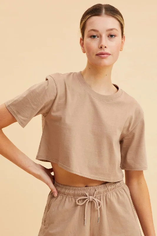 Online Only Beige Cropped T-Shirt Crew Neck Short Sleeve Cotton