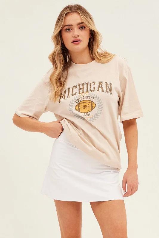 Special Price Beige Graphic T-Shirt Varsity Short Sleeve Oversized
