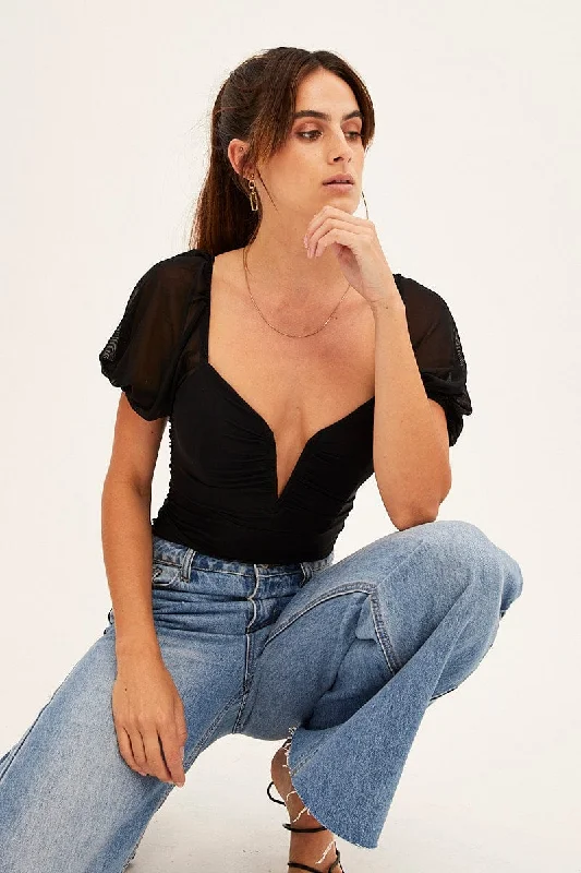 Sale Event Black Bodysuit Short Sleeve V Notched Front Mesh Jersey