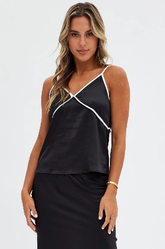 Midnight Madness Black Contrast Cami Sleeveless V Neck Relaxed