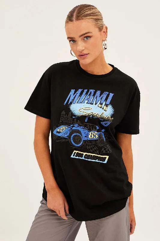 Lowest Price Black Cotton Jersey Short Sleeve Miami Graphic Tee