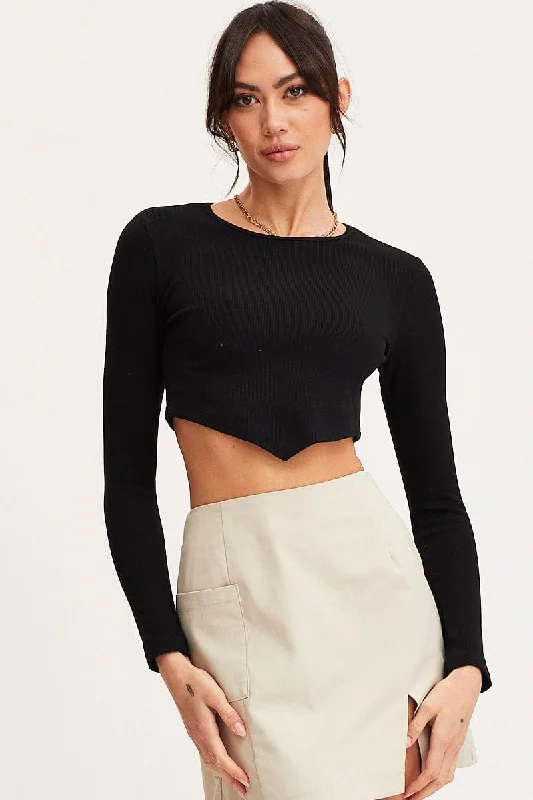 Big Discounts Black Crop Top Long Sleeve Crew Neck Seamless