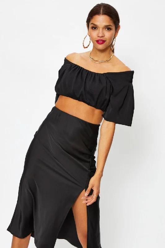 Incredible Offers Black Crop Top Short Sleeve Satin