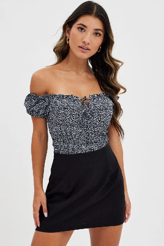 Price Reduction Black Geo Bodysuit Short Sleeve Square Neck Geo Print
