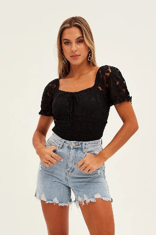 Final Markdown Black Lace Bodysuit Short Sleeve Sweetheart Neckline