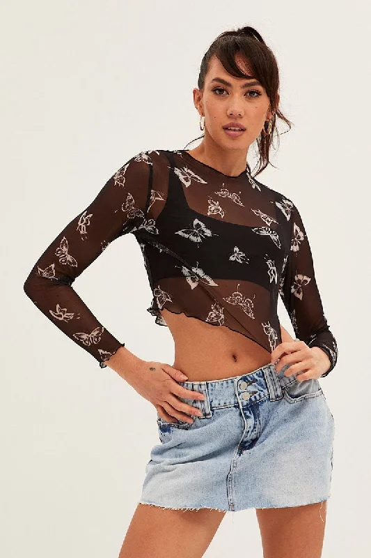 Super Deal Black Mesh Long Sleeve Crop Top