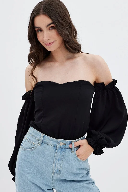 Major Savings Black Off Shoulder Balloon Sleeve Bodysuit