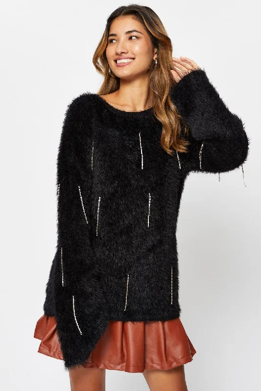Overstock Sale Black Oversized Fluffy Knit