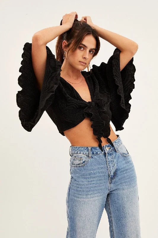 Shop and Save Black Plisse Bolero Half Sleeve Tie Front Crop