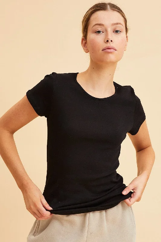 Quick Sale Black Rib T-Shirt Crew Neck Short Sleeve