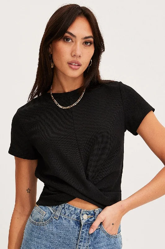 Act Now Black Twist Top Short Sleeve Crew Neck