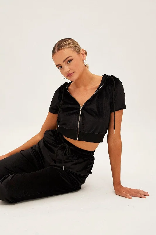 Low Prices Black Velour Short Sleeve Zip Lounge Hoodie