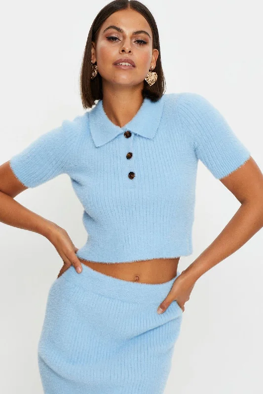 Closeout Sale Blue Collar Crop Knit Top