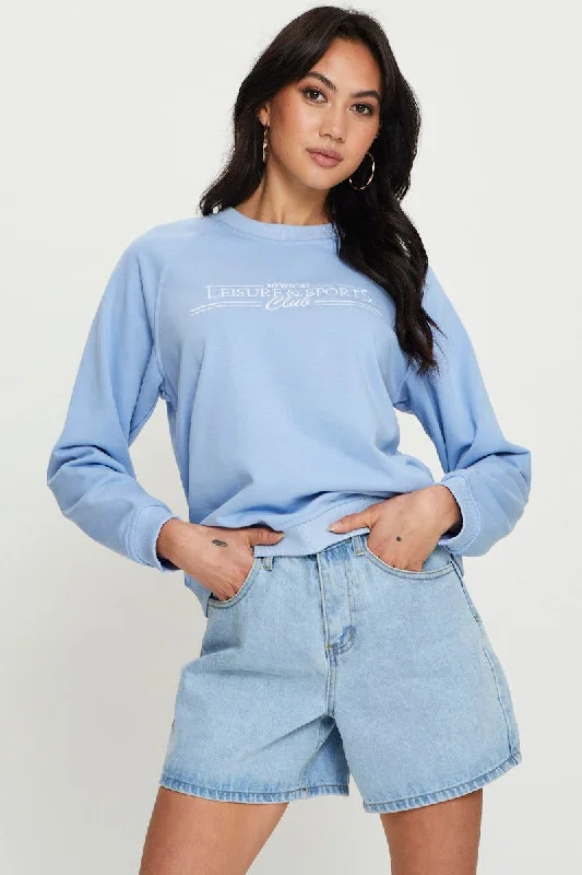 Price Buster Blue Graphic Top Long Sleeve Oversized Round Neck