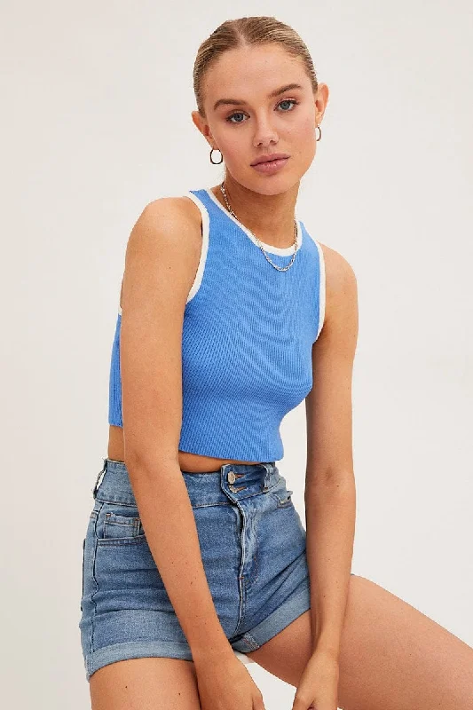 Time-Limited Offer Blue Knit Top Crop Sleeveless Round Neck
