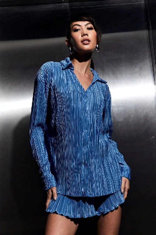 Can't Be Beat Blue Plisse Shirt Long Sleeve V Neck Longline