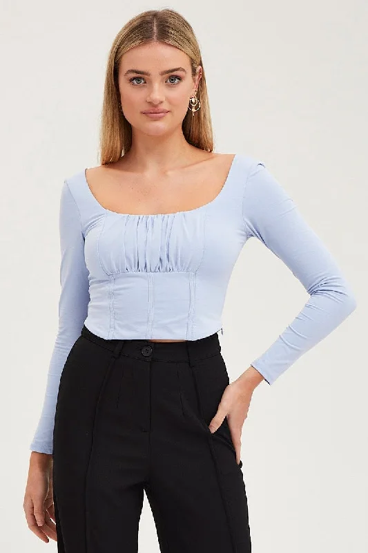 Loyalty Reward Blue Top Long Sleeve Gathered Bust
