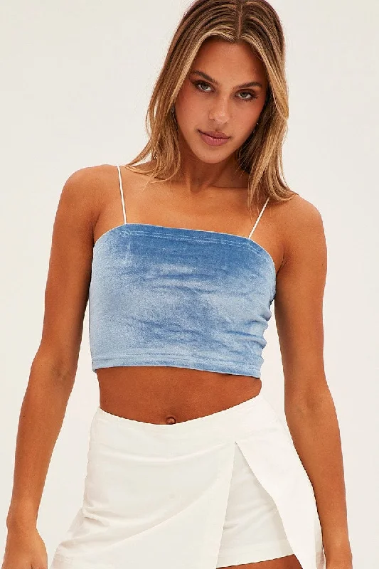 Online Only Blue Velour Singlet Lounge Crop Top
