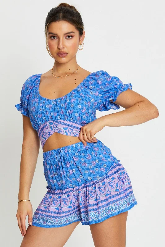 Savings Event Boho Print Wrap Top Crop Tie Up