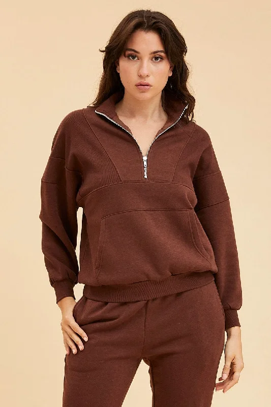 Steals and Deals Brown 1/4 Zip Sweat Top Long Sleeve Front Pocket