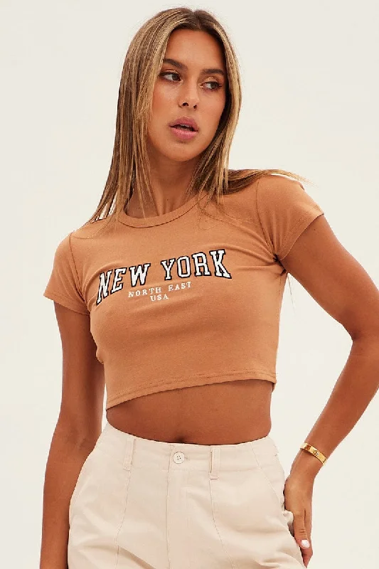 Markdowns Brown Baby Tee Short Sleeve Crop Round Neck
