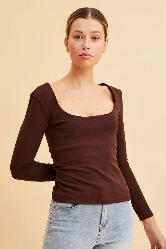 Special Discount Brown Cotton Top Long Sleeve Scoop Neck