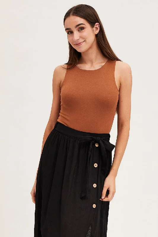 Markdowns Brown Round Neck Sleeveless Bodysuit