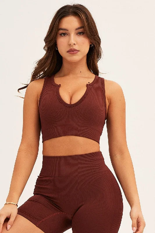Buy More, Save More Brown Seamless Activewear V Neck Singlet Top