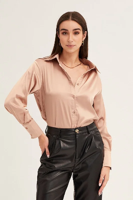 Deal of the Week Camel Neutral Satin Shirt Long Sleeve Collared Longline