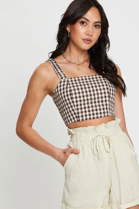 Savings Spectacular Check Crop Top Sleeveless Square Neck