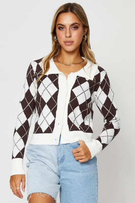 Limited Time Offer Check Knit Cardigan Long Sleeve Collared