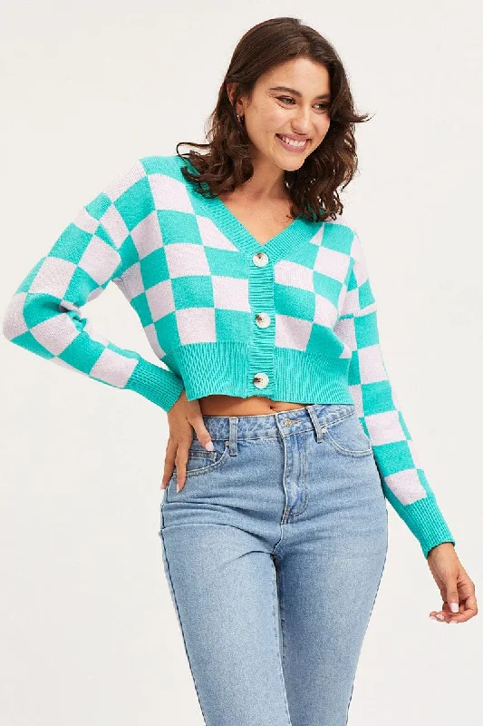 Year-End Clearance Check Knit Cardigan Long Sleeve Crop V-Neck