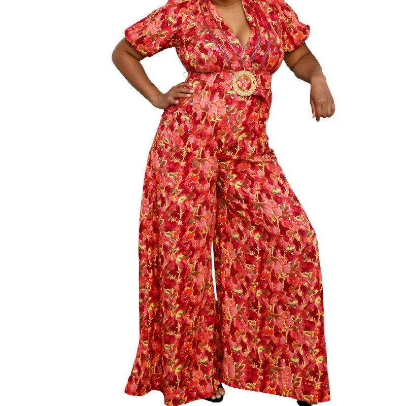 Special Promotion Floral Cotton Jumpsuit In Orange
