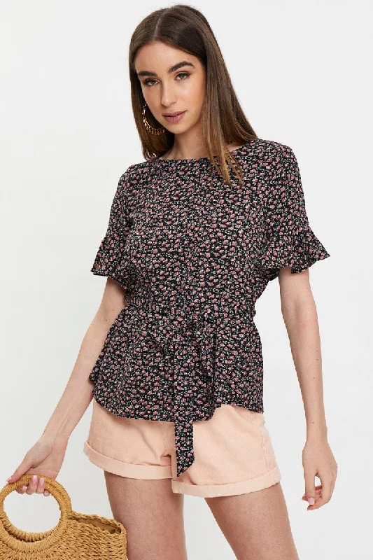 Reduced Prices Floral Print Frill Sleeve Blouse