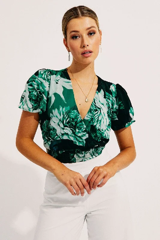 Weekend Deal Floral Print Short Sleeve Floral Print V-Neck Crop Top