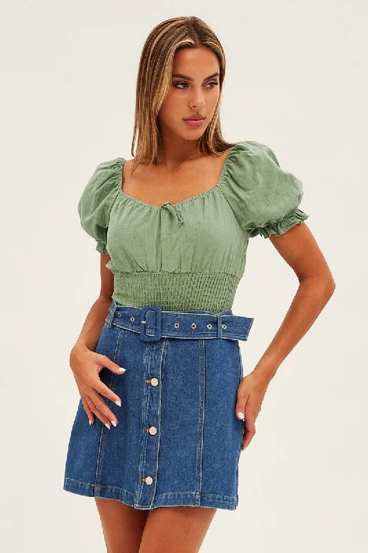 Today's Special Green Bodysuit Short Sleeve Sweetheart Shirred Waist