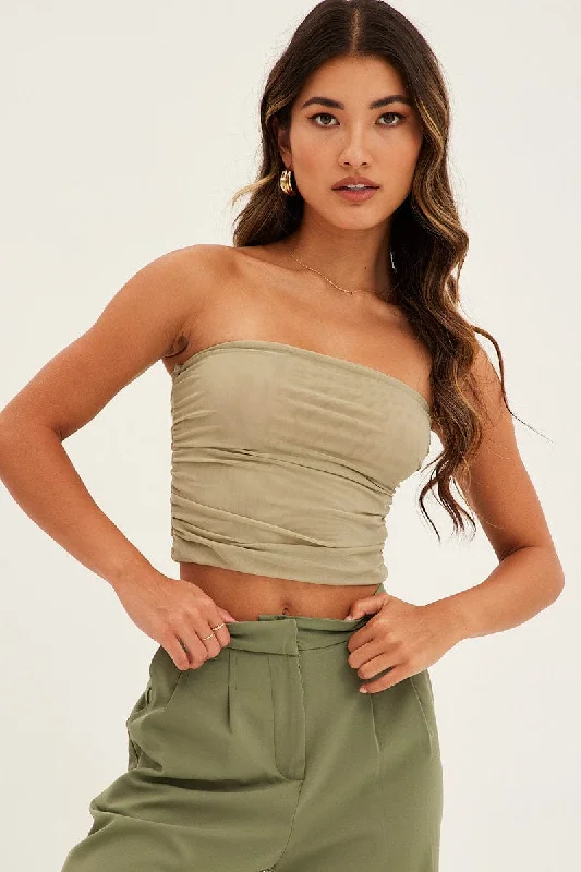Don't Miss Green Mesh Bandeau Strapless Ruched Crop