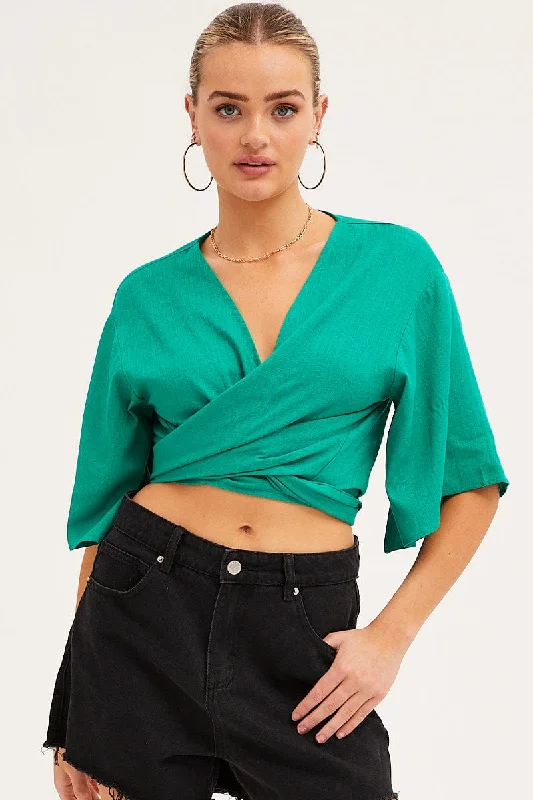The Best Prices Green Tie Bolero Short Sleeve Linen Blend