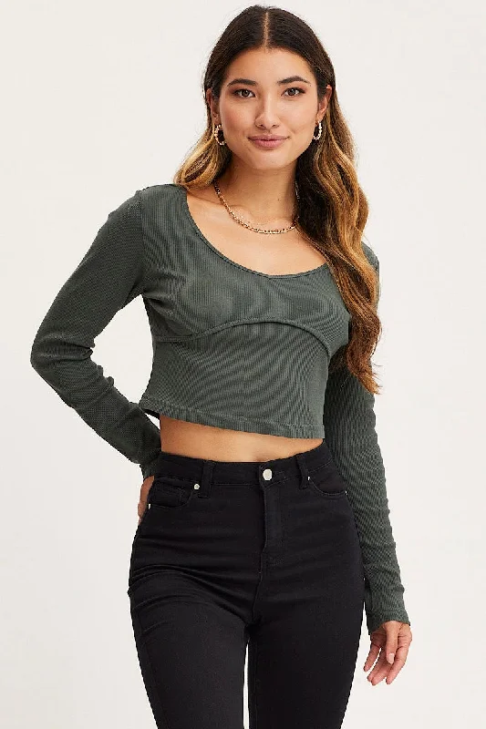 Best Bargains Green Top Long Sleeve Round Neck