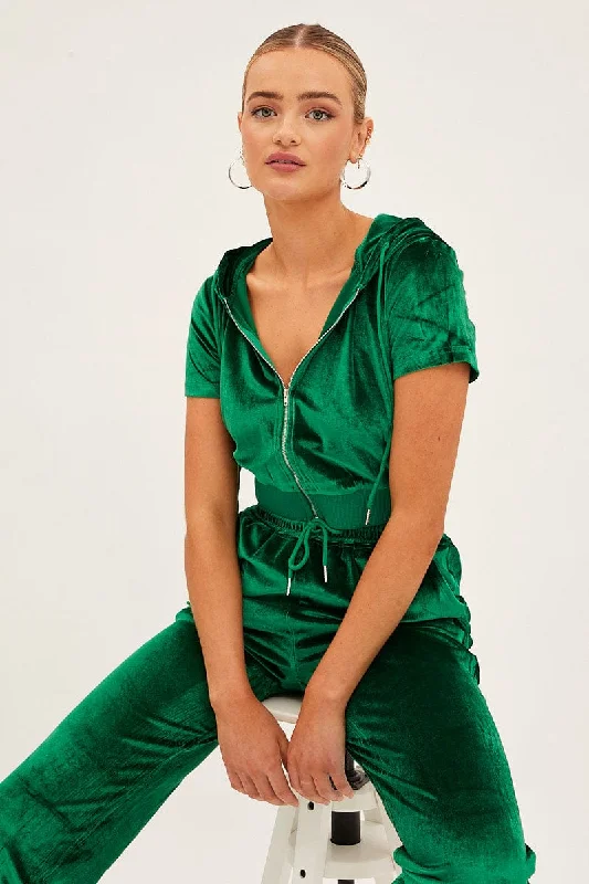 Instant Discount Green Velour Short Sleeve Zip Lounge Hoodie