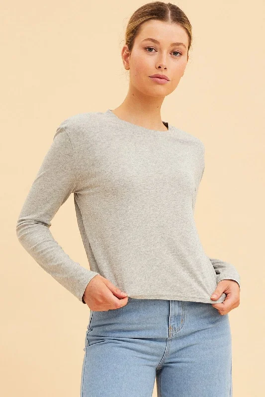 Overstock Grey Cropped T-Shirt Long Sleeve Crew Neck Cotton