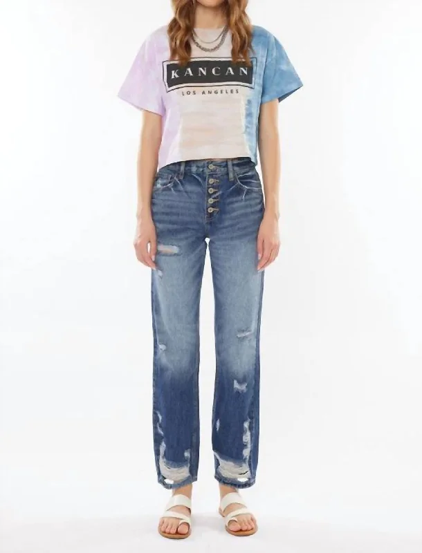 Overstock High Rise Relaxed Straight Leg Crop Jeans In Dark Wash